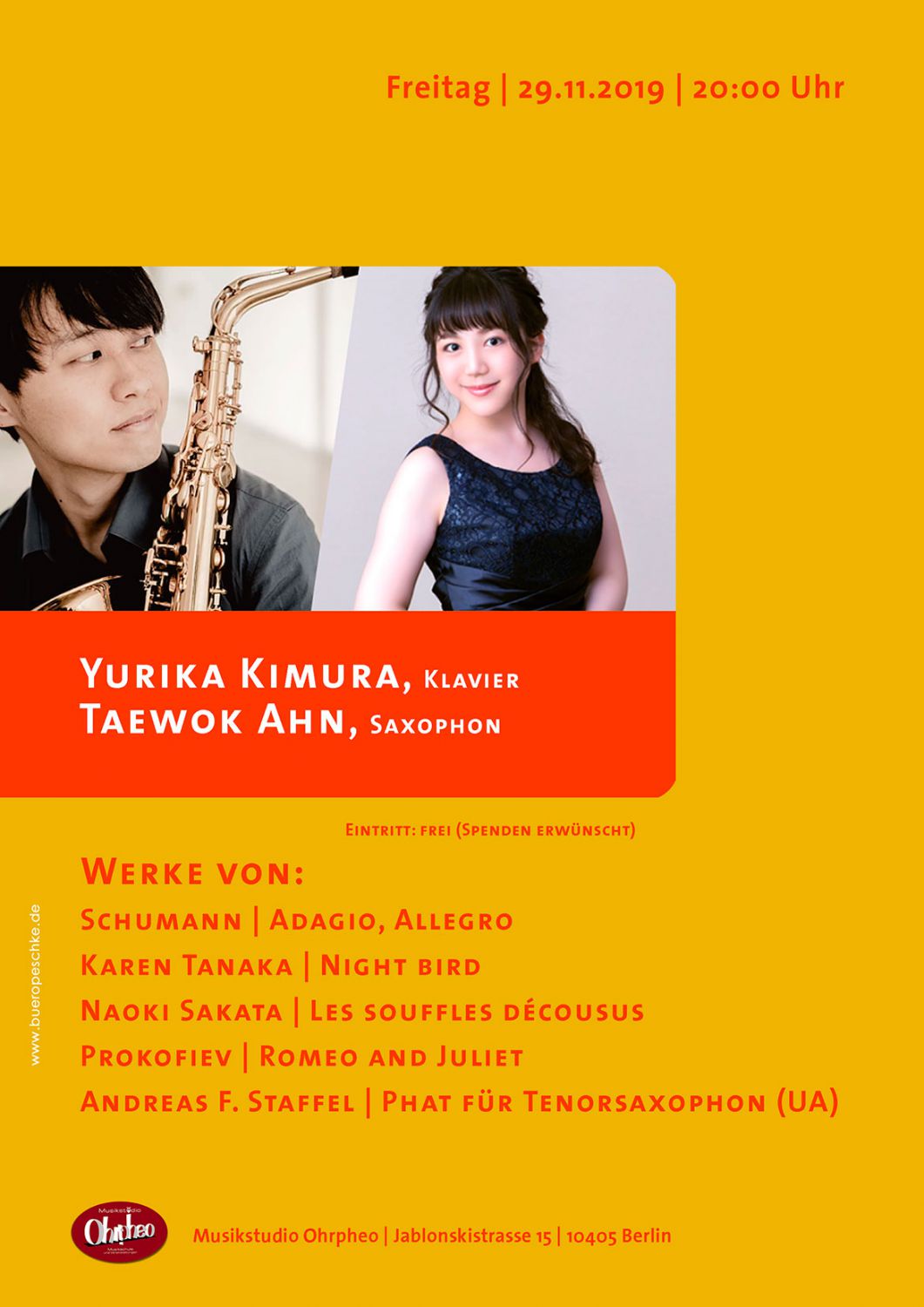 concert by Yurika Kimura, piano and Taewok Ahn, saxophone, Ohrpheo Berlin